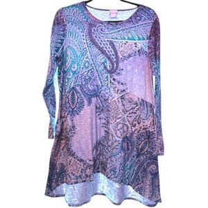Chico’s Paisley Patchwork Tunic Top Purple Teal Pink Long Sleeve Boho Artsy